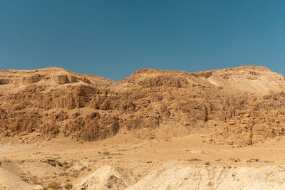 Scenic view of desert against clear blue sky