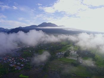 High angle view of mountains against sky