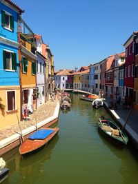 Boats moored in canal amidst buildings against clear sky