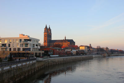 View of river with magdeburg cathedral in background