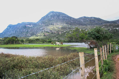 Scenic view of lake and mountains against sky