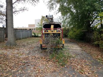 Empty footpath amidst buildings during autumn