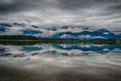 Scenic view of lake and mountains against sky