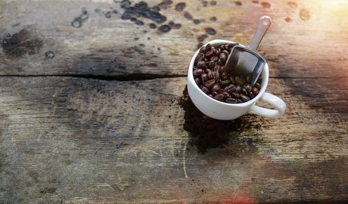 High angle view of coffee cup on table