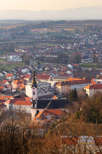 Square saint teresa of avila and church in pozega. view from above.