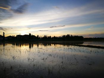 Scenic view of lake against sky during sunset