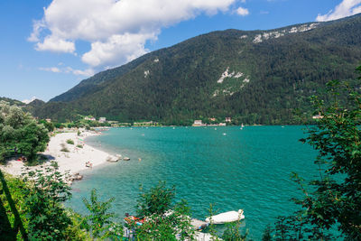 High angle view of bay against sky