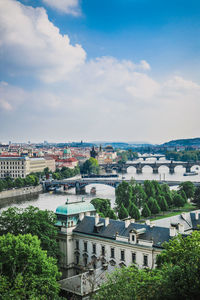 High angle view of townscape by river against sky