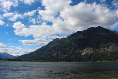 Scenic view of lake and mountains against sky