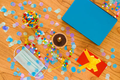 High angle view of toys on table