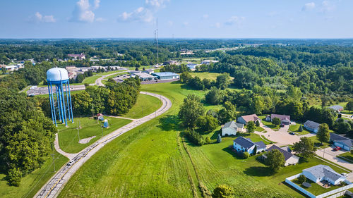 High angle view of cityscape against sky