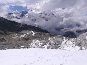 Scenic view of mountains against sky during winter