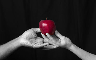 Close-up of hand holding apple against black background