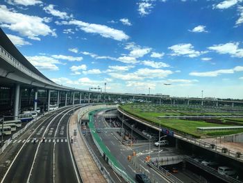 High angle view of railroad tracks against sky