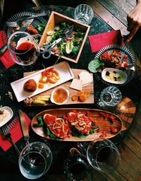 High angle view of meal served on table