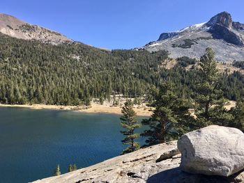 Scenic view of lake and mountains against clear sky