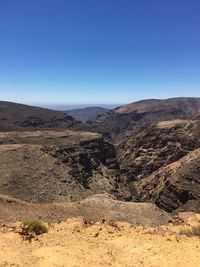 Scenic view of desert against clear blue sky