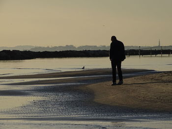 Rear view of man standing on beach against sky during sunset