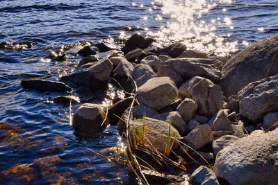 High angle view of rocks on sea shore