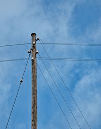 Low angle view of bird perching on electricity pylon against sky