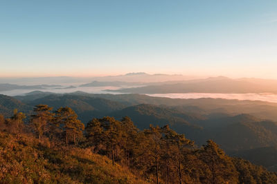 Scenic view of mountains against sky during sunset