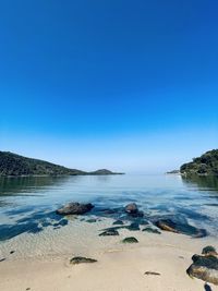 Scenic view of sea against clear blue sky