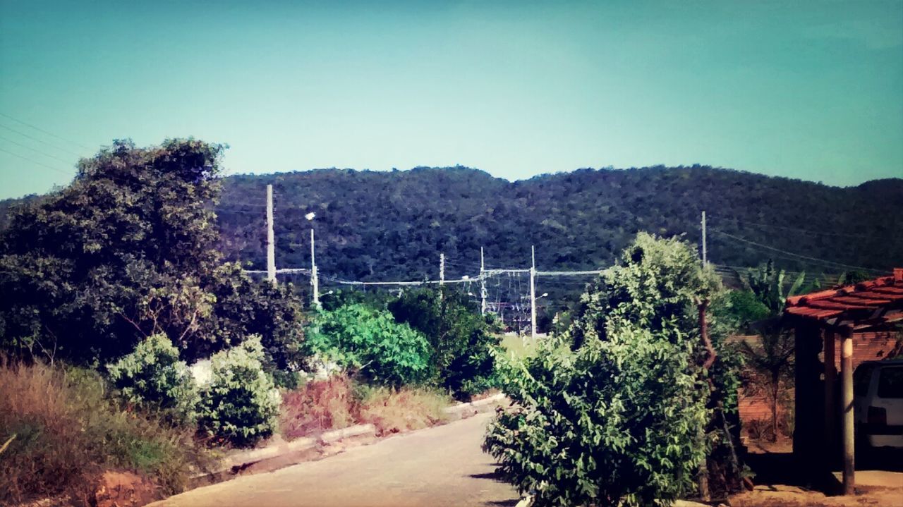 the way forward, clear sky, mountain, tree, road, blue, tranquility, tranquil scene, transportation, plant, copy space, nature, mountain range, built structure, landscape, empty, country road, diminishing perspective, long, sky