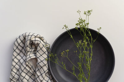 Cilantro sprig on a black bowl with black and white napkin