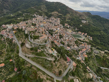 High angle view of townscape and road in town
