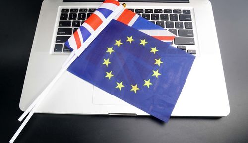 High angle view of flags on table