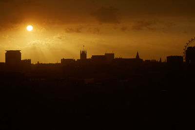 Silhouette of city at sunset