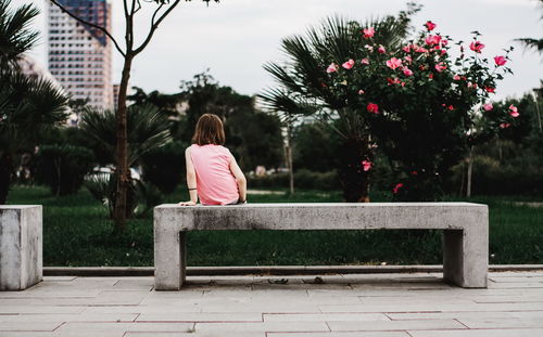Rear view of woman sitting on bench against trees