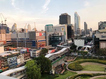 High angle view of buildings in city against sky