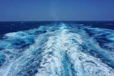 Scenic view of sea against clear blue sky