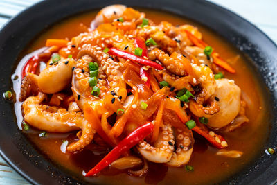 High angle view of noodles in bowl on table