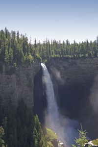 Scenic view of waterfall in forest against sky