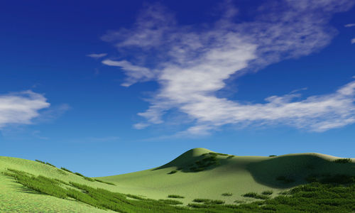 Low angle view of green landscape against sky