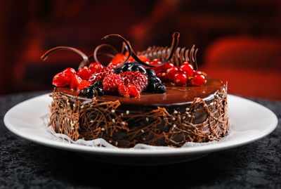 Close-up of fruitcake in plate