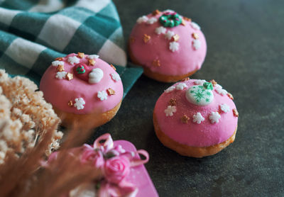 Close-up of donuts on table
