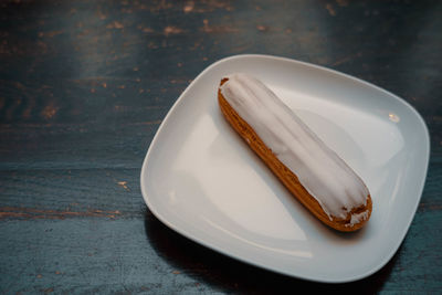 High angle view of cake in plate on table