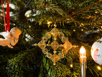 Close-up of illuminated christmas tree