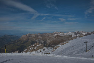 Scenic view of snow covered mountains against sky