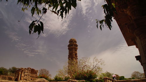 Low angle view of trees against cloudy sky