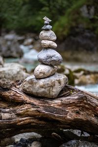 Close-up of stone stack on rock