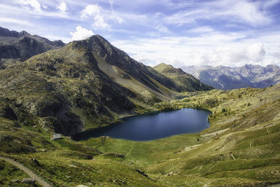 Scenic view of lake and mountains against sky