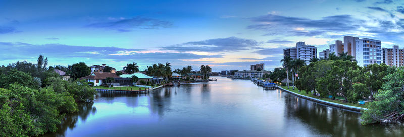 Panoramic view of river and buildings against sky