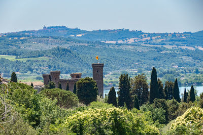 High angle view of bolsena castle, lazio, italy, against sky