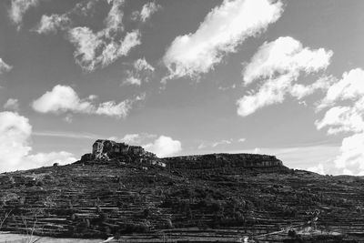 Low angle view of rock formation against sky