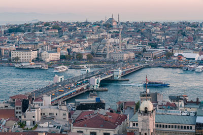 High angle view of river amidst buildings in city