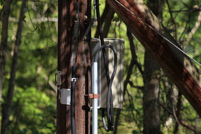 Close-up of meter board on wooden post